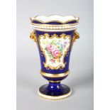 A ROYAL CROWN DERBY GOOD TWO HANDLED VASE with beaded border painted with flowers in a raised gilt