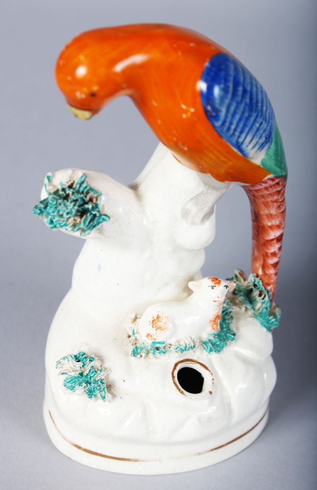 A PAIR OF STAFFORDSHIRE PEN HOLDERS, as colourful birds on a tree stump, with a tiny lamb. 5ins - Image 2 of 3