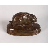 ANTOINE-LOUIS BARYE (1796-1875) FRENCH A SMALL BRONZE RABBIT. Signed. 2.75ins.