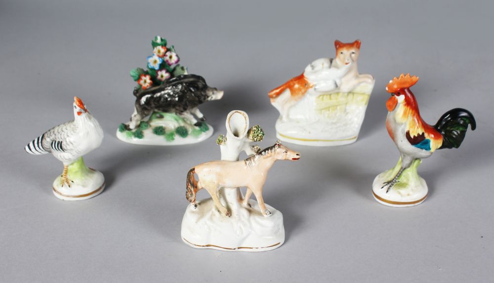 FIVE SMALL STAFFORDSHIRE FIGURES, HORSE, FOX, BOAR, HEN AND COCKEREL. 3ins and 3.5ins high.