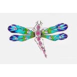 A LARGE SILVER, EMERALD AND RUBY DRAGONFLY BROOCH.