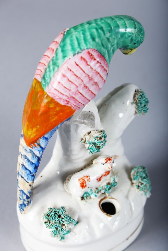 A PAIR OF STAFFORDSHIRE PEN HOLDERS, as colourful birds on a tree stump, with a tiny lamb. 5ins - Image 3 of 3