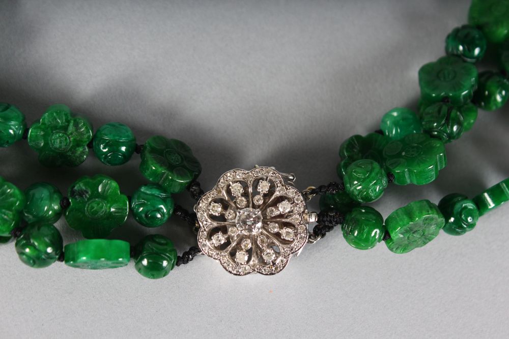 A SUPERB CARVED JADE THREE ROW NECKLACE with 18CT WHITE GOLD DIAMOND SET CLASP. - Image 2 of 2