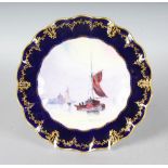 A ROYAL CROWN DERBY FINE PLATE painted with a fine sailing scene under a blue and raised gilt