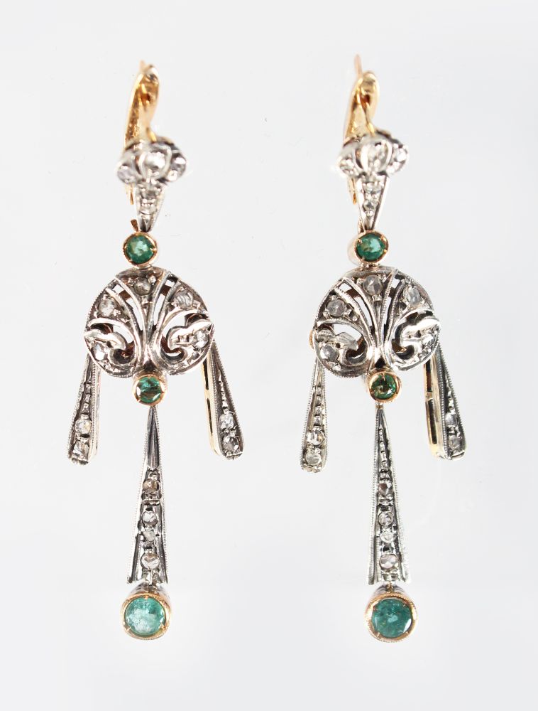 A PAIR OF 9CT GOLD, EMERALD AND DIAMOND DROP EARRINGS.