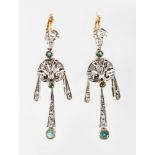 A PAIR OF 9CT GOLD, EMERALD AND DIAMOND DROP EARRINGS.