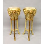 A PAIR OF DECORATIVE MARBLE TOP GILTWOOD STANDS, with carved rams mask decoration. 3ft 9ins high x