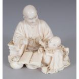 AN UNUSUAL FINE QUALITY SIGNED JAPANESE MEIJI PERIOD IVORY OKIMONO OF A SEATED MAN READING TO HIS