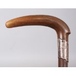 A HORN HANDLED BAMBOO WALKING STICK, with an engraved and hallmarked silver collar, the horn