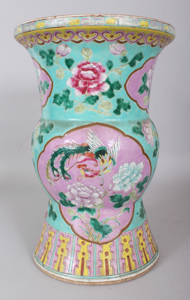 A LARGE 19TH CENTURY CHINESE CANTON FAMILLE ROSE VASE, painted with pink ground phoenix panels