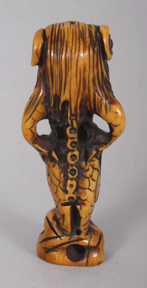 A SIGNED JAPANESE MEIJI PERIOD STAINED IVORY NETSUKE OF AN ONI MERMAN, the base with an engraved - Image 3 of 6