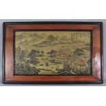 A LARGE CHINESE REPUBLIC STYLE WOOD FRAMED RIVER LANDSCAPE PORCELAIN PLAQUE, the frame 28.2in x 17.