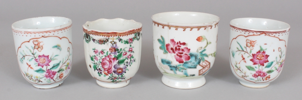 A GROUP OF FOUR 18TH CENTURY CHINESE FAMILLE ROSE PORCELAIN COFFEE CUPS, the largest 2.7in