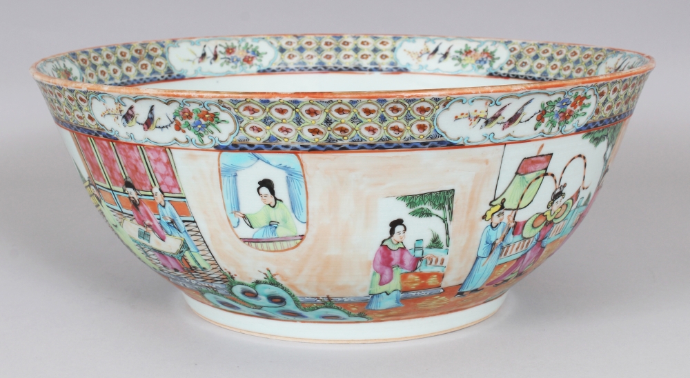 A GOOD LARGE 19TH CENTURY CHINESE CANTON PORCELAIN PUNCH BOWL, the sides painted with a continuous - Image 2 of 10