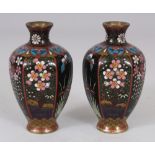A SMALL PAIR OF JAPANESE MEIJI PERIOD HEXAGONAL CLOISONNE VASES, 3.6in high.