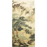 A CHINESE HANGING SCROLL PICTURE ON PAPER, depicting a scholar in a dwelling beneath pine and
