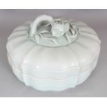 A LARGE 20TH CENTURY CHINESE CELADON GLAZED BOWL & COVER, with barbed sides, the cover moulded