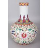 A CHINESE FAMILLE ROSE PORCELAIN BOTTLE VASE, decorated with formal scrolling lotus and Shou