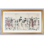 AN ORIGINAL FRAMED JAPANESE OBAN WOODBLOCK TRIPTYCH BY TOYOKUNI, circa 1795, the frame 35.25in x