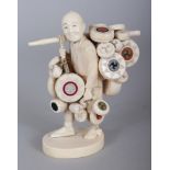 A GOOD SIGNED JAPANESE MEIJI PERIOD MOTHER-OF-PEARL & LACQUER INLAID IVORY FIGURE OF A DRUM