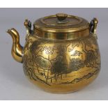 AN UNUSUAL JAPANESE MEIJI PERIOD POLISHED BRONZE KETTLE & COVER, with overhead swing handle, the