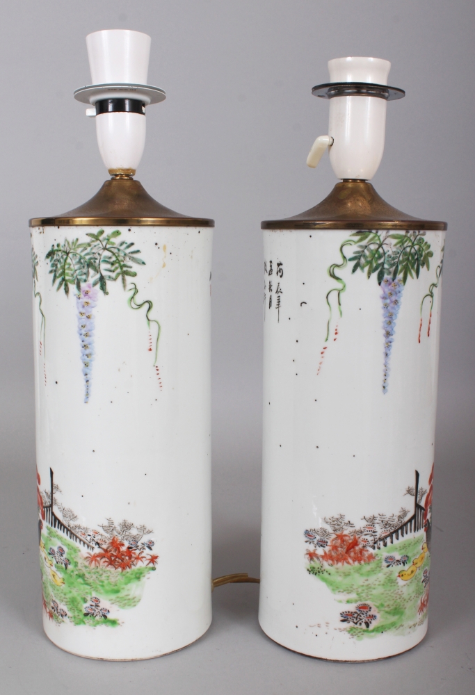 A MIRROR PAIR OF EARLY 20TH CENTURY CHINESE CYLINDRICAL PORCELAIN VASES, fitted for electricity, - Image 4 of 8