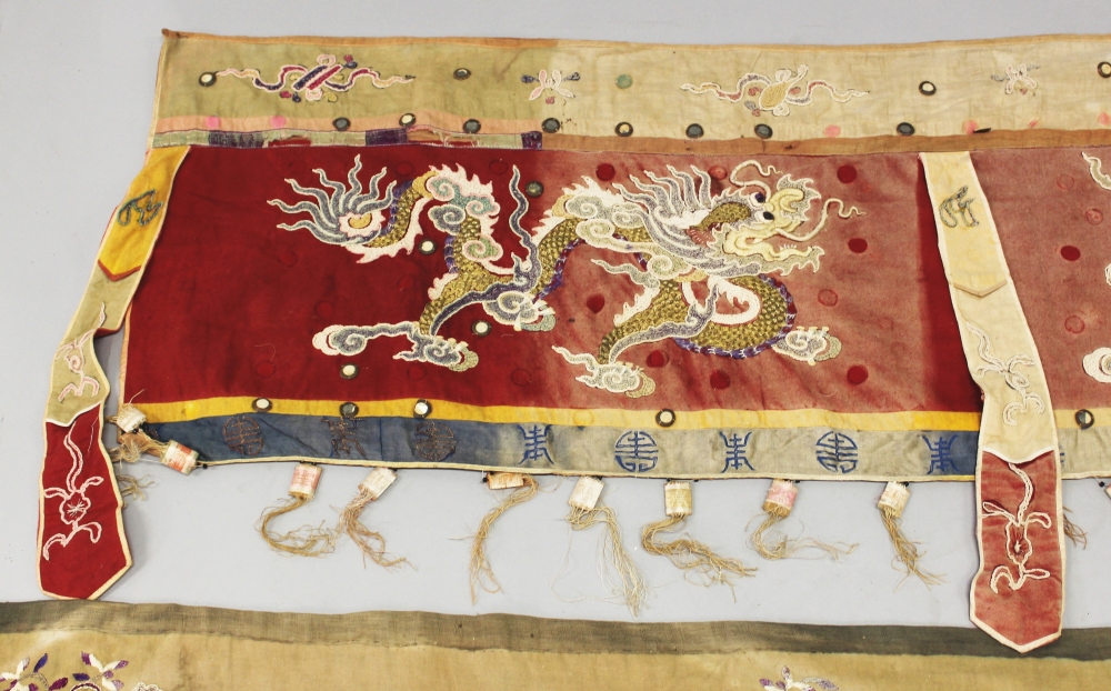 TWO SIMILAR EARLY 20TH CENTURY CHINESE SILK EMBROIDERED FABRIC WALL HANGINGS, decorated with dragons - Image 4 of 5