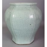 A LARGE CHINESE HEXAGONAL SECTION CELADON CRACKLEGLAZE PORCELAIN VASE, 11.1in high.