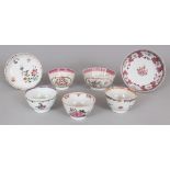 A GROUP OF FOUR 18TH CENTURY CHINESE FAMILLE ROSE TEABOWLS, A SMALL BOWL & TWO SAUCERS, the bowl 4.
