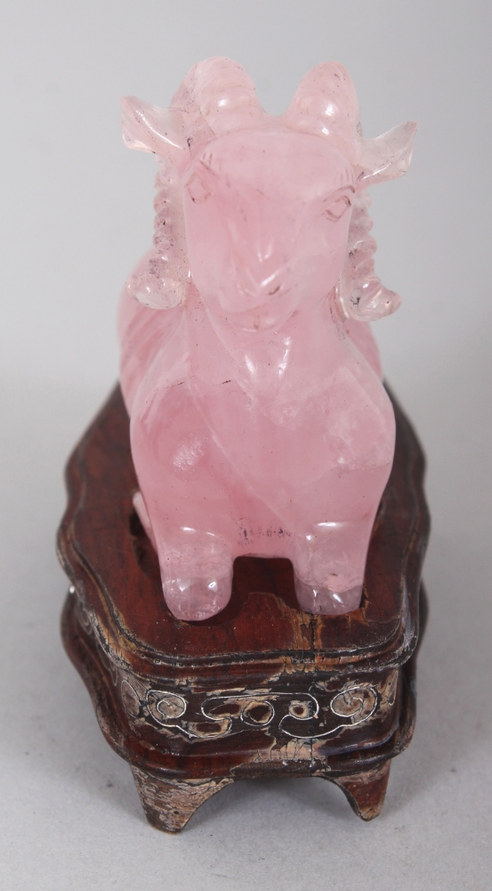 A CHINESE ROSE QUARTZ MODEL OF A RAM, together with a fitted wire-inlaid wood stand, 2.75in high - Image 2 of 7