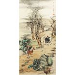 ANOTHER CHINESE HANGING SCROLL PICTURE ON PAPER, depicting a group of horses in a river landscape,