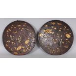 A GOOD PAIR OF 19TH CENTURY SIGNED JAPANESE MIXED METAL CIRCULAR DISHES, each decorated with an