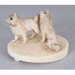 A SMALL JAPANESE MEIJI PERIOD SECTIONAL IVORY OKIMONO OF TWO DOGS, standing on an oval plinth, 1.8in