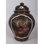 A SIMILAR JAPANESE MEIJI PERIOD LACQUER OVERLAY PORCELAIN VASE & COVER, 10in high overall.