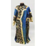 A 19TH/20TH CENTURY CHINESE BLUE GROUND EMBROIDERED SILK ROBE, approx. 53.5in from back of collar to