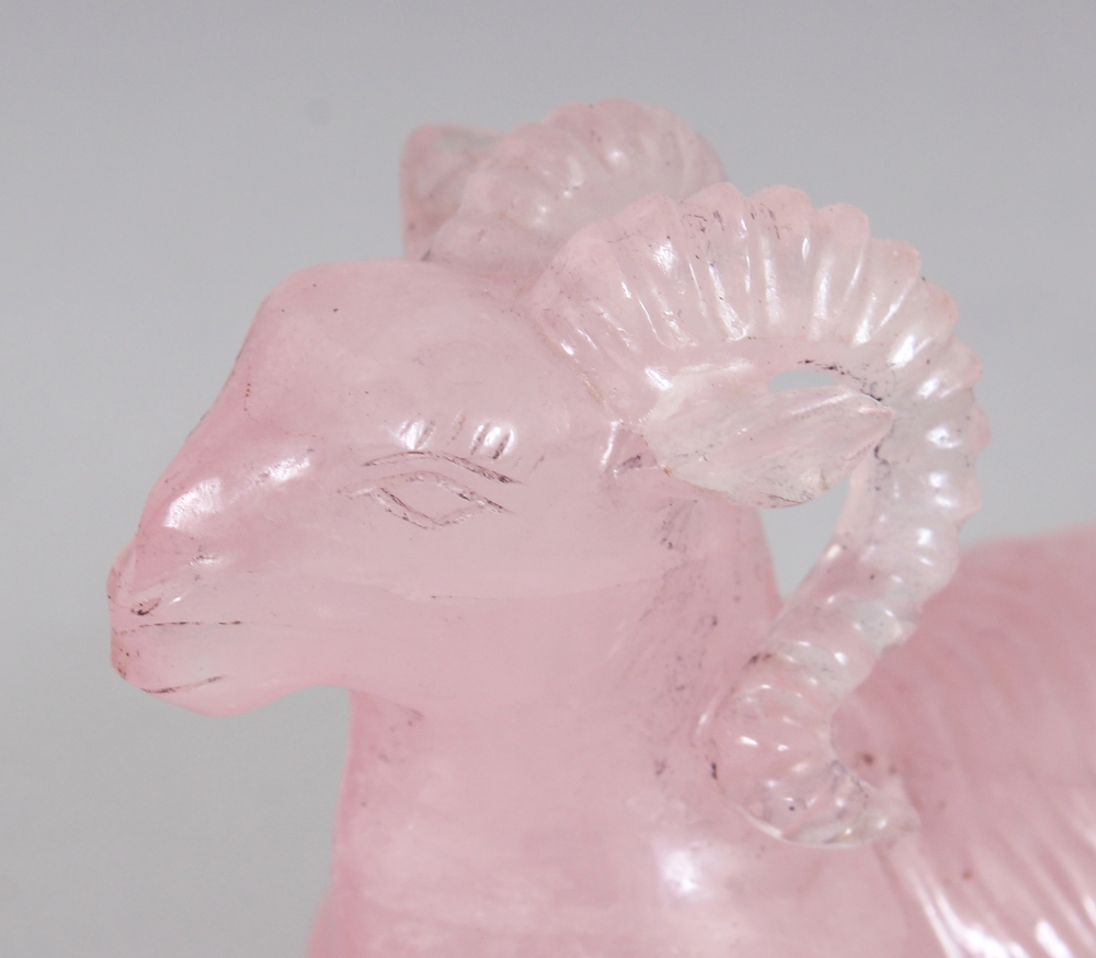 A CHINESE ROSE QUARTZ MODEL OF A RAM, together with a fitted wire-inlaid wood stand, 2.75in high - Image 5 of 7