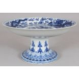 A CHINESE BLUE & WHITE PORCELAIN DRAGON TAZZA, the base with an extended six-character Kangxi