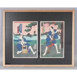 TWO SINGLE FRAMED JAPANESE OBAN PRINTS BY KUNIDSADA, from a triptych, the frame 28.5in x 22.2in.