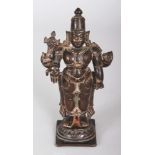 A SMALL 19TH CENTURY INDIAN BRONZE FIGURE OF VISHNU, standing on a lotus plinth and bearing