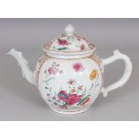 AN 18TH CENTURY CHINESE QIANLONG PERIOD FAMILLE ROSE FLUTED PORCELAIN TEAPOT & COVER, painted with