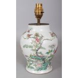 A GOOD QUALITY 19TH CENTURY FAMILLE ROSE PORCELAIN VASE, fitted for electricity, 9.9in high overall,