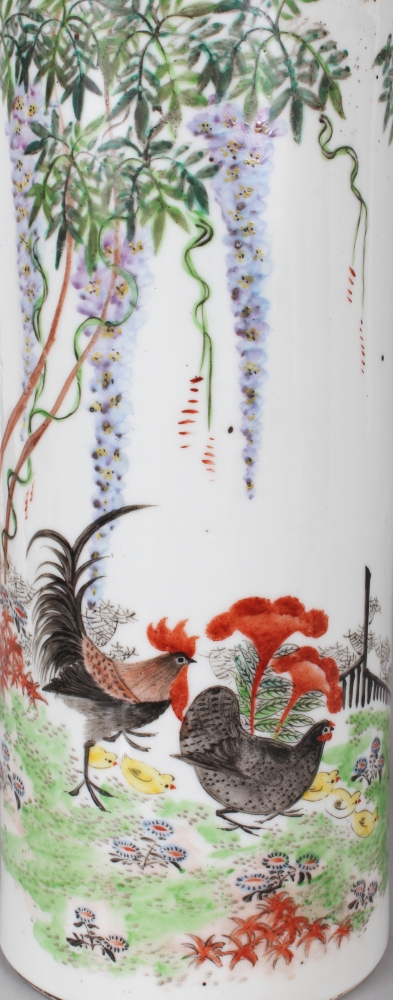 A MIRROR PAIR OF EARLY 20TH CENTURY CHINESE CYLINDRICAL PORCELAIN VASES, fitted for electricity, - Image 5 of 8