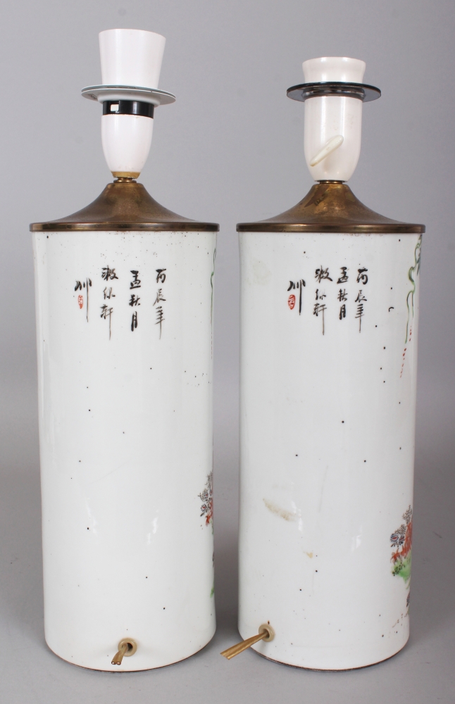 A MIRROR PAIR OF EARLY 20TH CENTURY CHINESE CYLINDRICAL PORCELAIN VASES, fitted for electricity, - Image 3 of 8