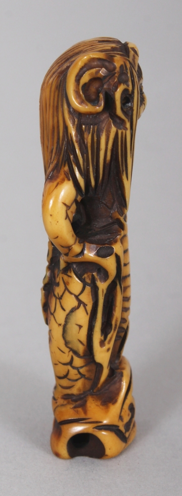 A SIGNED JAPANESE MEIJI PERIOD STAINED IVORY NETSUKE OF AN ONI MERMAN, the base with an engraved - Image 2 of 6