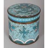 AN EARLY 20TH CENTURY CHINESE BLUE GROUND CYLINDRICAL CLOISONNE DRAGON BOX & COVER, 3.75in
