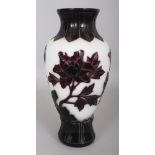A 20TH CENTURY CHINESE WHITE GROUND PURPLE OVERLAY BEIJING GLASS VASE, the baluster form body