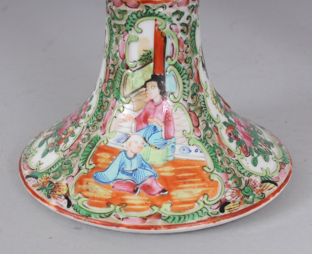 A PAIR OF 19TH CENTURY CHINESE CANTON PORCELAIN CANDLESTICKS, 8.2in high. - Image 5 of 9