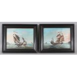 A PAIR OF 20TH CENTURY FRAMED CHINESE MIXED MEDIA PAINTINGS OF JUNKS, each frame 12.2in x 10.2in.