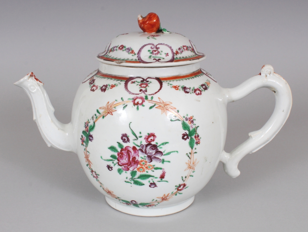 A LARGE 18TH CENTURY CHINESE QIANLONG PERIOD FAMILLE ROSE PORCELAIN TEAPOT & COVER, painted with