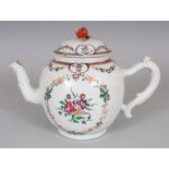 A LARGE 18TH CENTURY CHINESE QIANLONG PERIOD FAMILLE ROSE PORCELAIN TEAPOT & COVER, painted with
